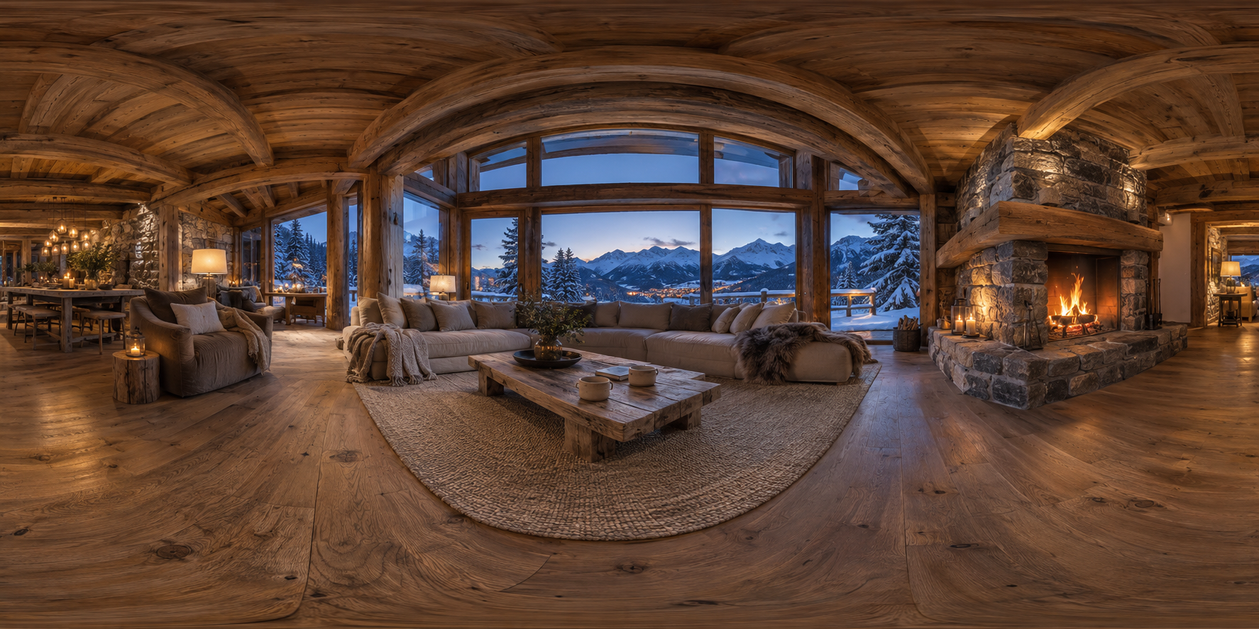 An Alpine lounge beside a glowing fireplace with snowy mountains outside