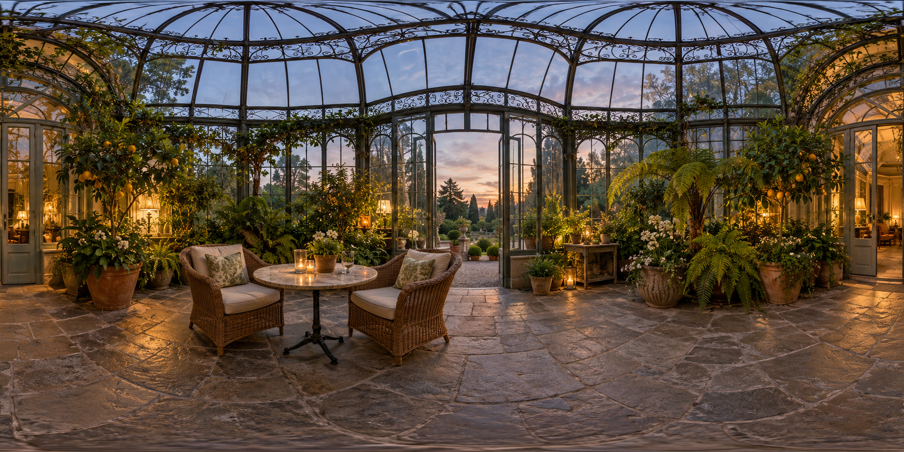 A glass conservatory glowing with candles beneath a moonlit sky