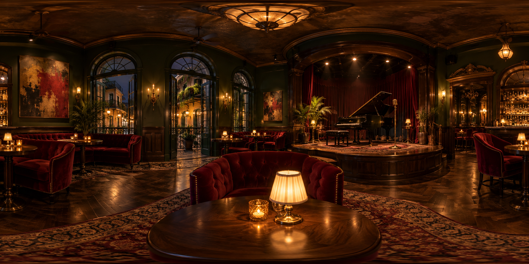A warmly lit jazz lounge with velvet seats