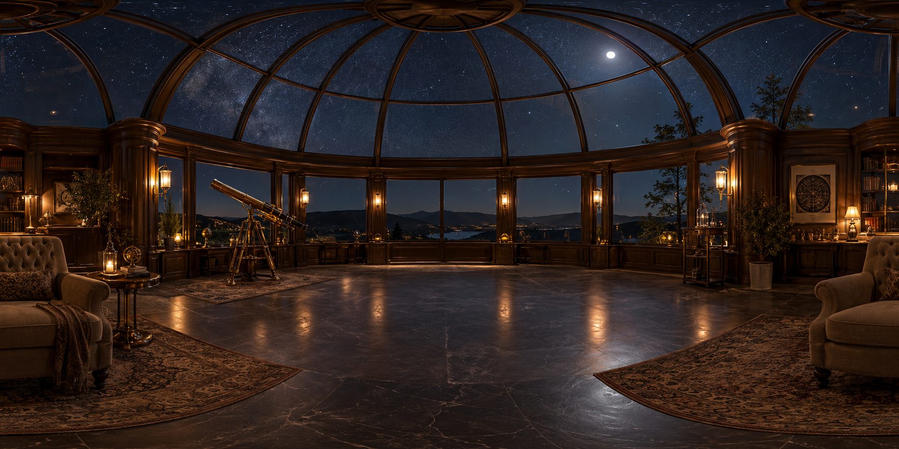An intimate observatory lounge beneath a glass dome and starry sky