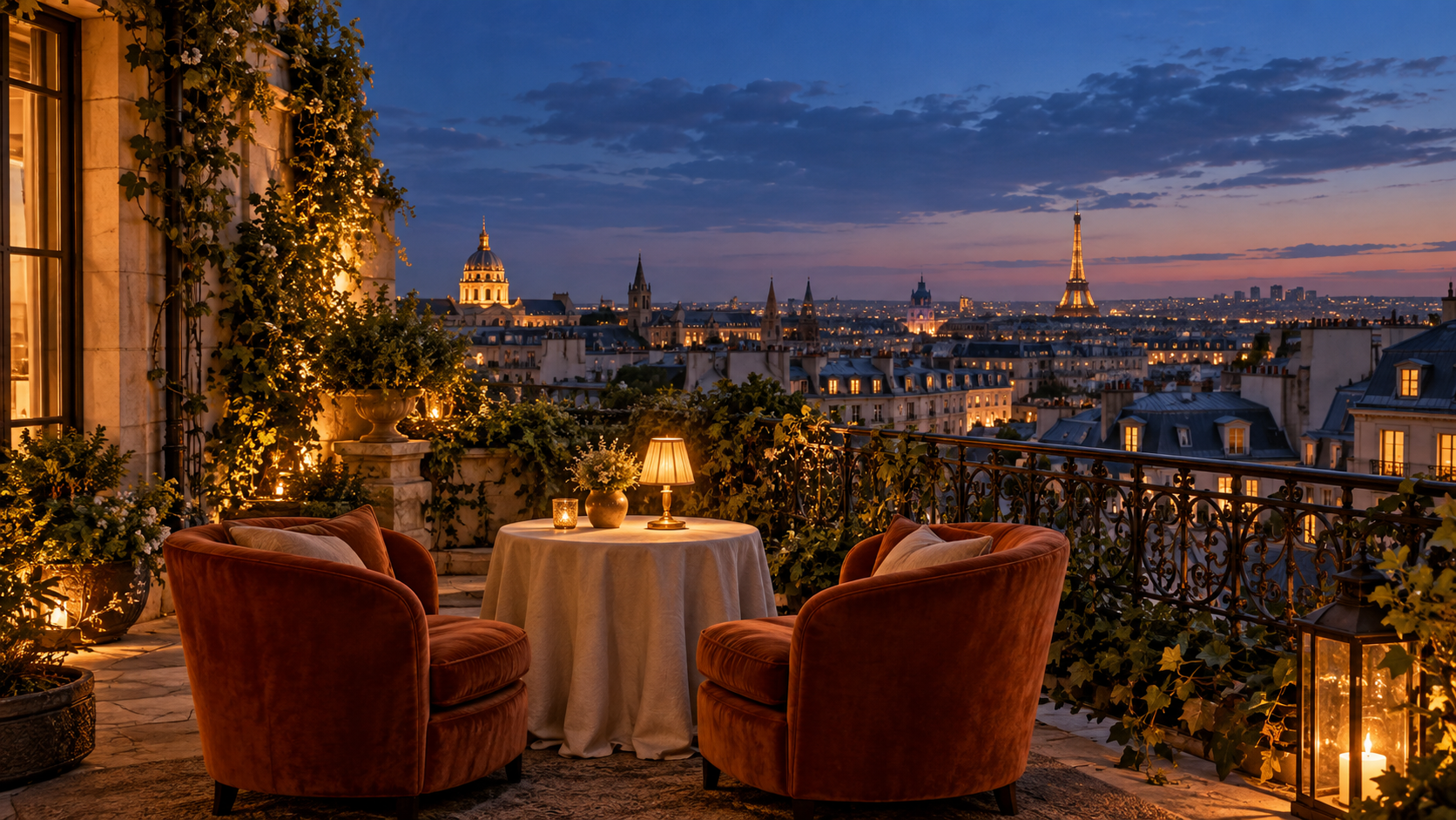 A lantern-lit rooftop terrace overlooking the city