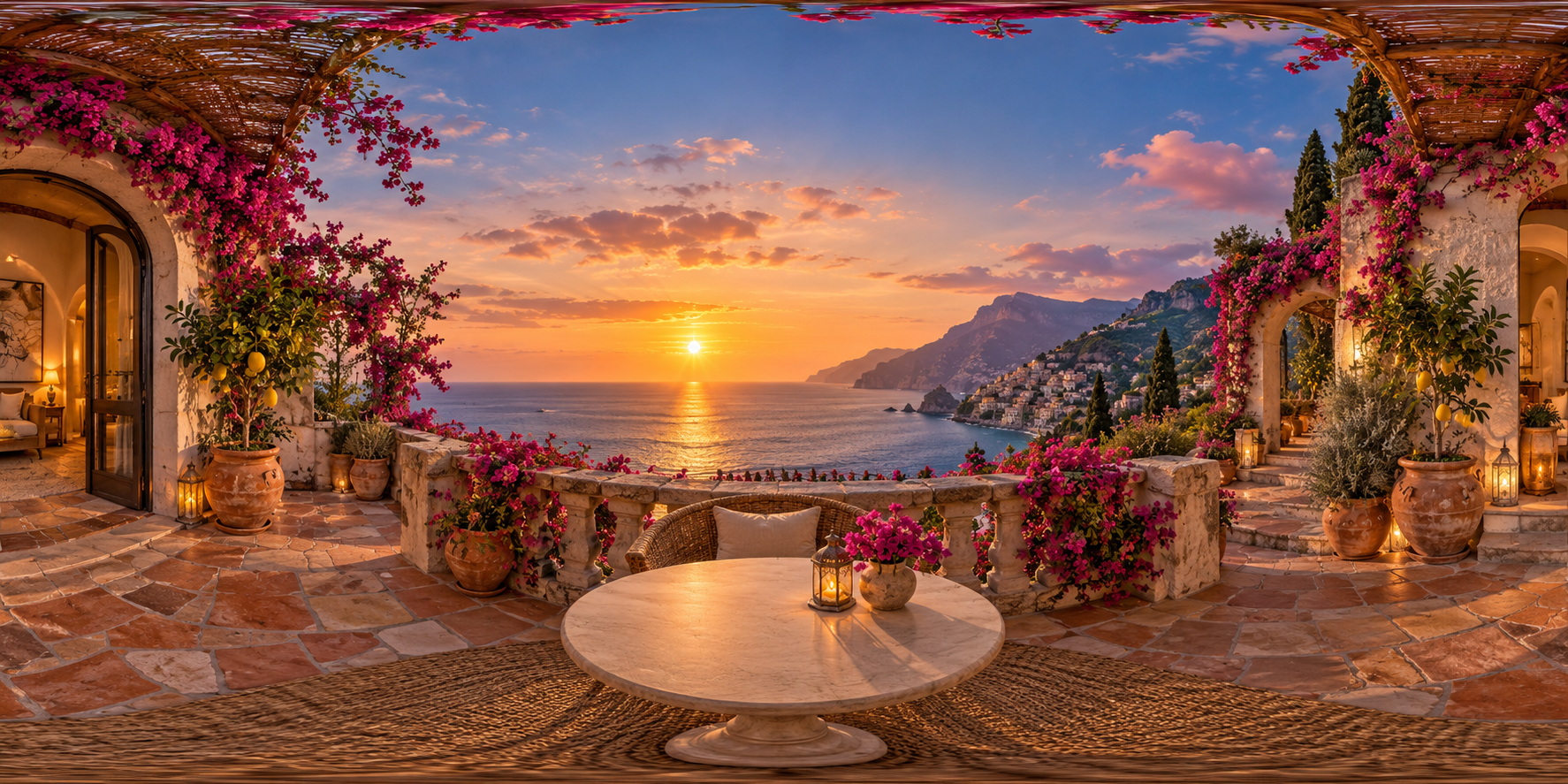 A terrace overlooking the sea at sunset